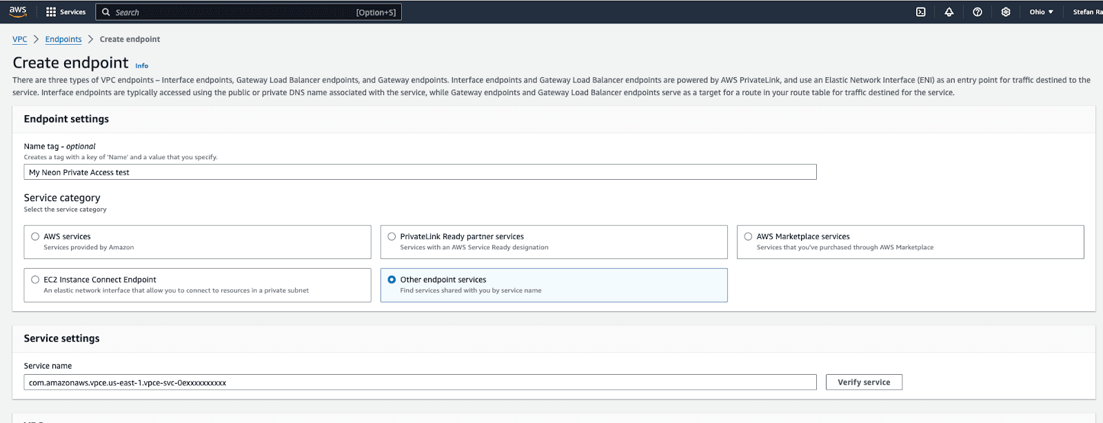 Select the endpoint service